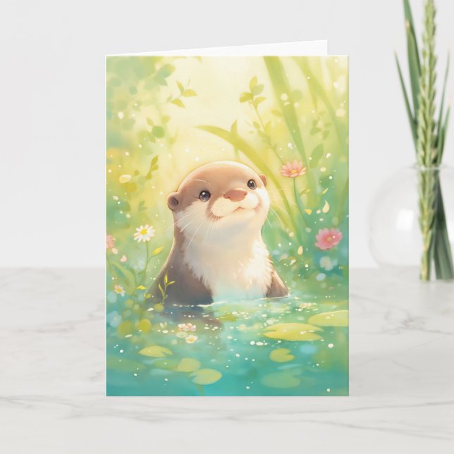 Whimsical Otter in a Flowering Pond Card (Front)