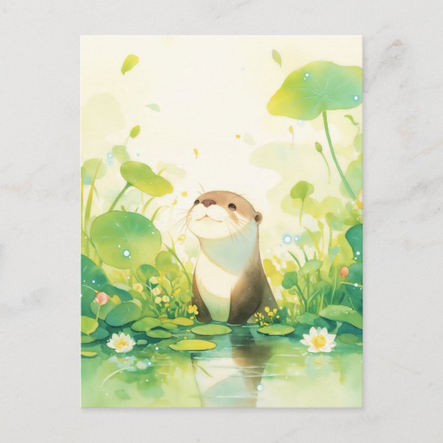 Whimsical Otter in Green Lily Pond Postcard (Front)