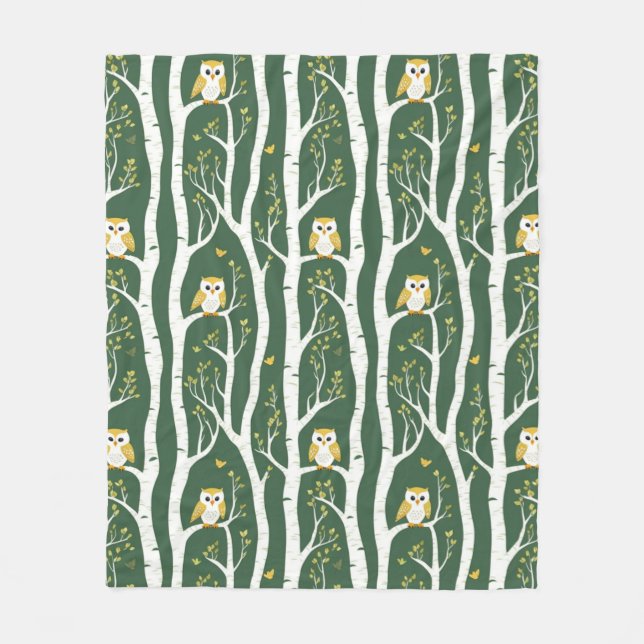 Whimsical Owl and Birch Tree Pattern Fleece Blanket (Front)