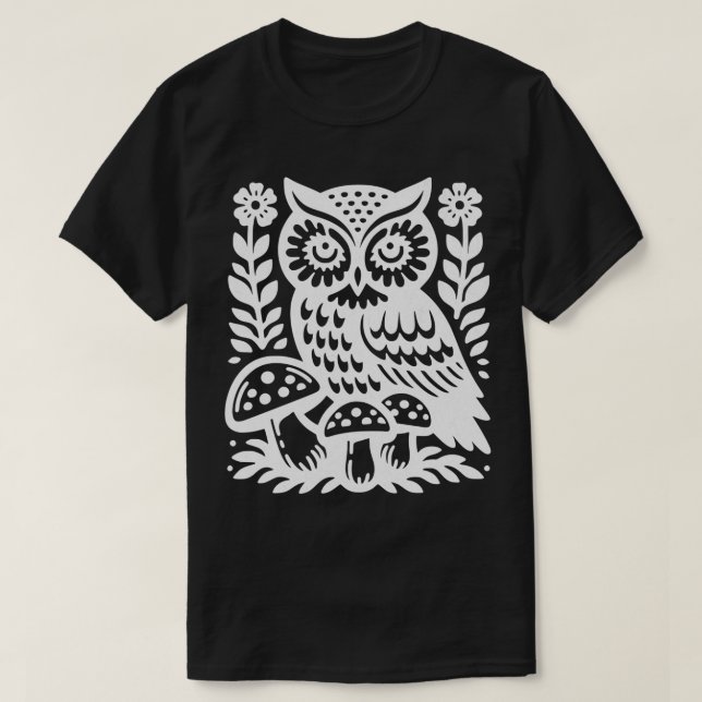 Whimsical Owl and Blooms Block Print Style NatureI T-Shirt (Design Front)