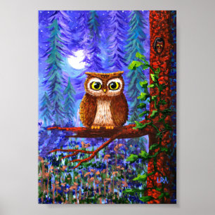 Whimsical Owl Art Forest Moon Creationarts Poster