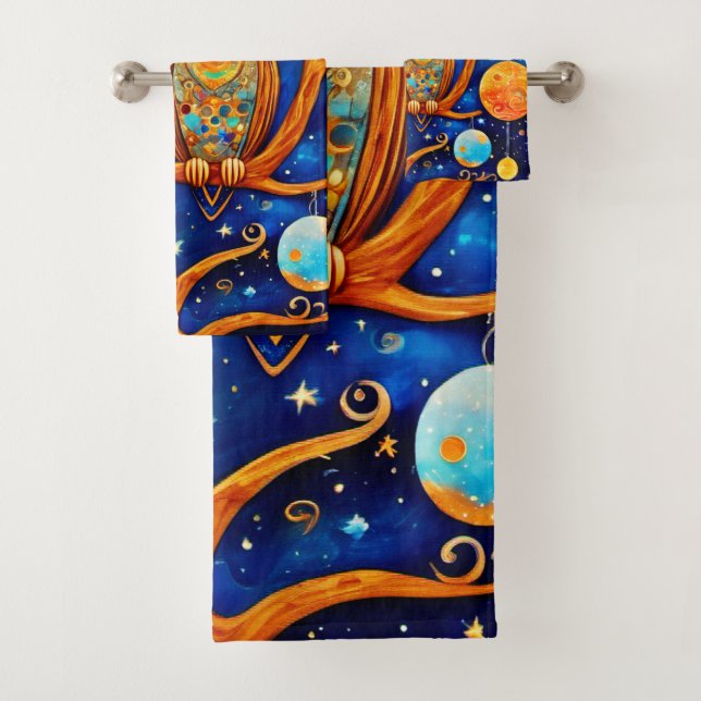 Whimsical Owl Celestials: Stars, Moon, Planets Bath Towel Set (Insitu)