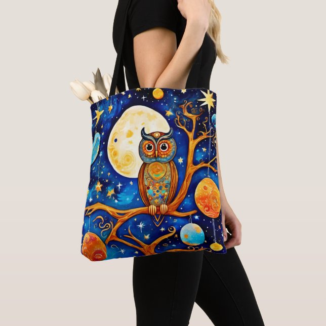 Whimsical Owl Celestials: Stars, Moon, Planets Tote Bag (Close Up)