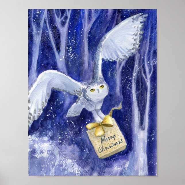 Whimsical Owl Christmas blue-violet watercolor Poster (Front)