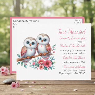 Whimsical Owl Couple Rustic Just Married Announcement Postcard