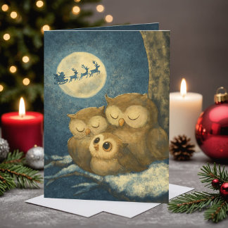 Whimsical Owl Family Christmas Cozy Winter Night Holiday Card