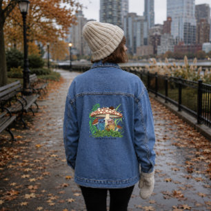 Whimsical Owl Family Rainy Forest Mushroom Blue Denim Jacket