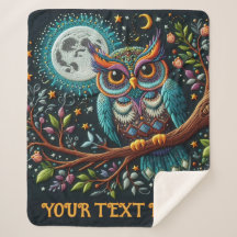Whimsical Owl Faux Embroidery Sherpa Blanket
