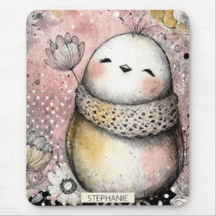 Whimsical Owl Floral Watercolor Art Mouse Pad