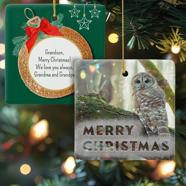 Whimsical Owl in Winter Merry Christmas Ceramic Ornament (A woodsy ceramic Christmas ornament with custom text on the front and back is personal and unique.)