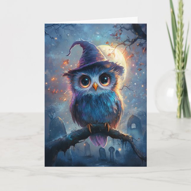 Whimsical Owl in Witch Hat with Full Moon Card (Front)