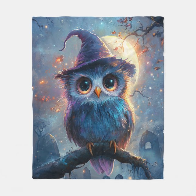 Whimsical Owl in Witch Hat with Full Moon Fleece Blanket (Front)