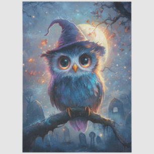 Whimsical Owl in Witch Hat with Full Moon Tissue Paper