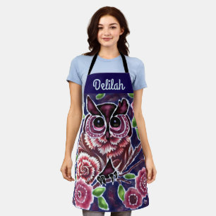 Whimsical Owl on Flowering Branch Pink Blue Apron