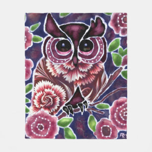 Whimsical Owl on Flowering Branch Pink Blue Fleece Blanket