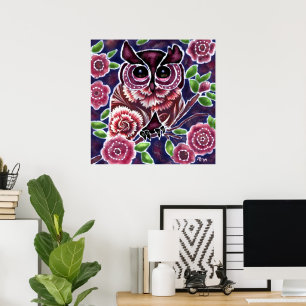 Whimsical Owl on Flowering Branch Pink Blue Poster