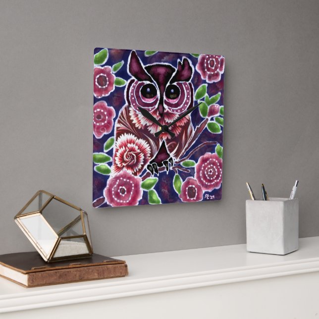 Whimsical Owl on Flowering Branch Pink Blue Square Wall Clock (Office)