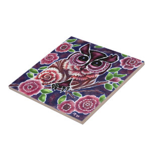 Whimsical Owl on Flowering Branch Pink Blue Tile