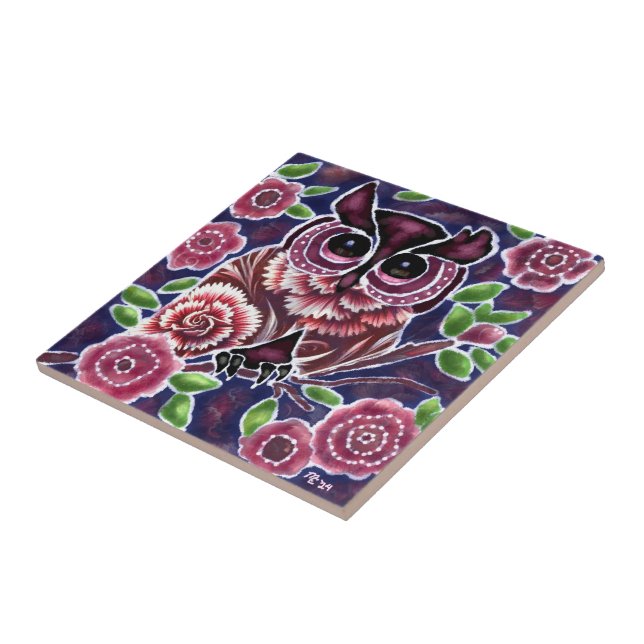 Whimsical Owl on Flowering Branch Pink Blue Tile (Side)