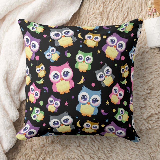 Whimsical Owl Pattern on Black Home Decor  Cushion (Blanket)
