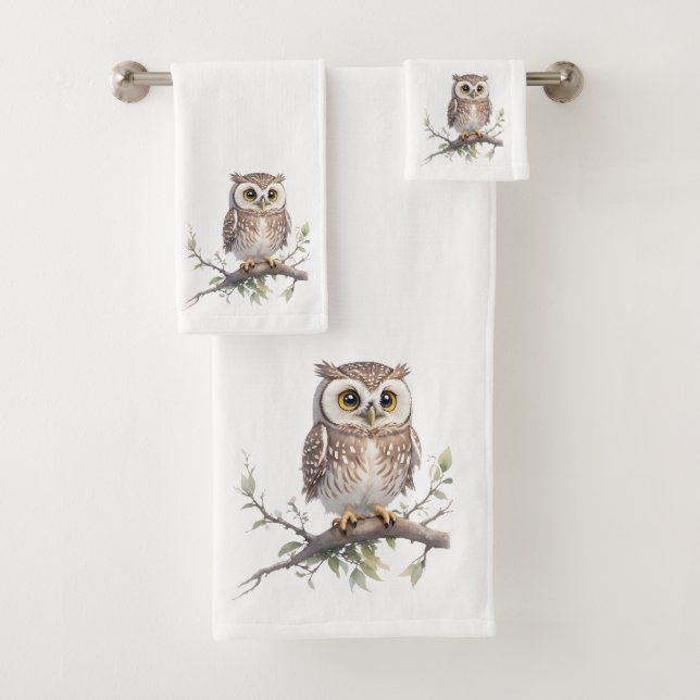 Whimsical Owl Perched in a Tree Bath Towel Set (Insitu)