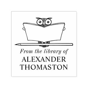 Whimsical Owl Reading Large Book Library Name Self-inking Stamp