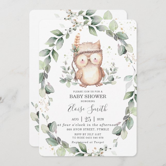 Whimsical Owl Rustic Greenery Neutral Baby Shower  Invitation (Front/Back)