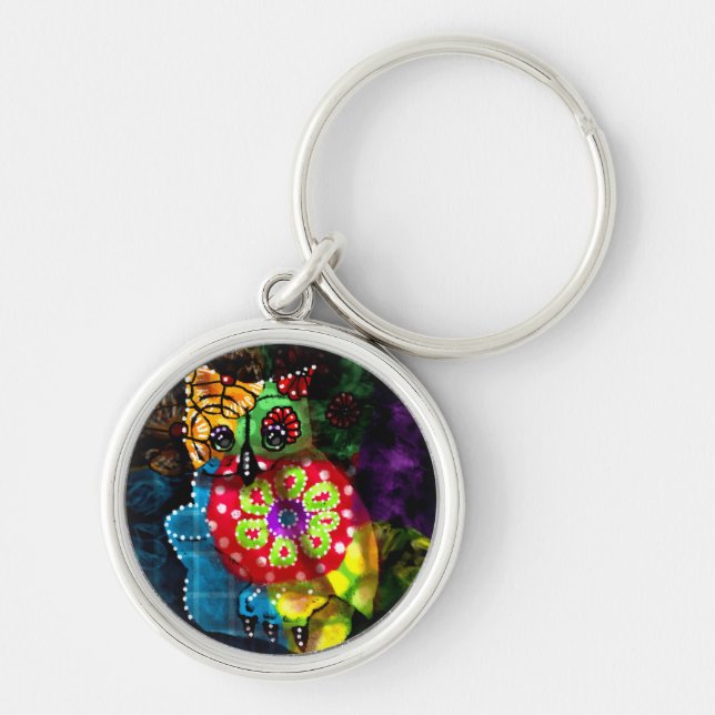 Whimsical Owl Talavera Style Green Red Blue Floral Key Ring (Front)