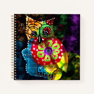 Whimsical Owl Talavera Style Green Red Blue Floral Notebook