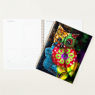 Whimsical Owl Talavera Style Green Red Blue Floral Planner