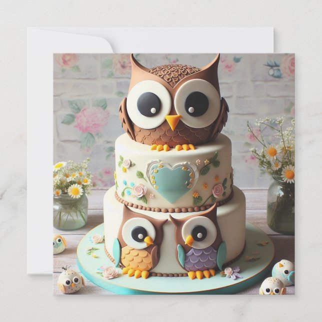 WHIMSICAL OWL THEMED BIRTHDAY CAKE  INVITATION (Front)