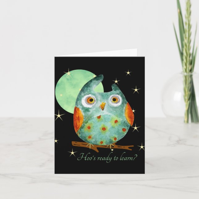 Whimsical Owl Watercolor Style Name School On Back Card (Front)