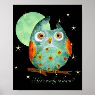 Whimsical Owl Watercolor Style Name School On Back Poster