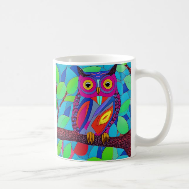 Whimsical Owl with Colourful Feathers Coffee Mug (Right)
