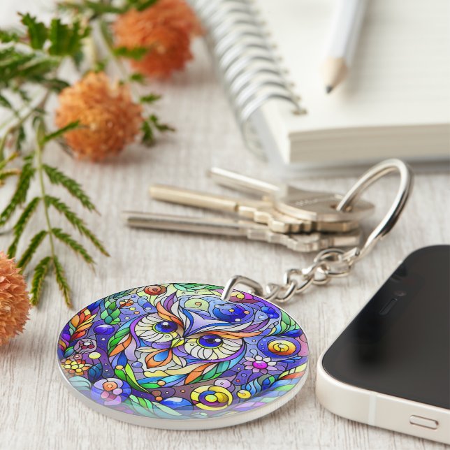 Whimsical Owl With Sapphire Eyes Key Ring (Front Right)