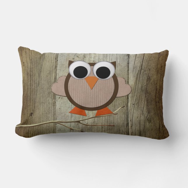 Whimsical Owl & Wood Lumbar Cushion (Front)