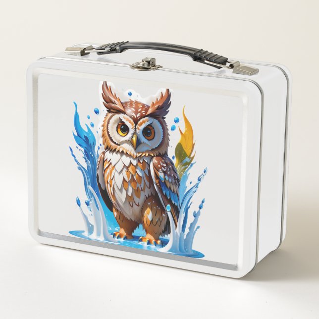 Whimsical OwlBear with Water Splashes Metal Lunch Box (Front)