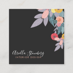 Whimsical Painted Bloom Floral On Black Square Business Card