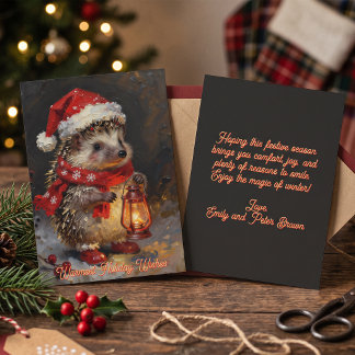 Whimsical Painted Hedgehog Winter Holiday Card