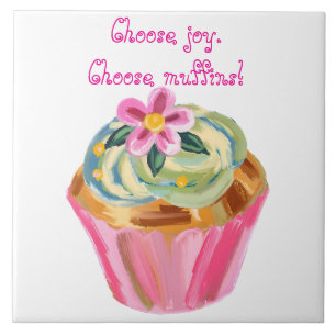 Whimsical Painted Muffin Art with Pink Flower Tile