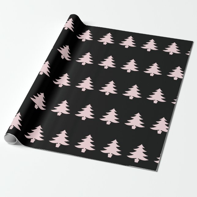 Whimsical Pale Pink Christmas Trees on Black Wrapping Paper (Unrolled)