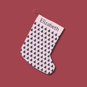 Whimsical Pale Pink Dark Blue Christmas Trees Name Small Christmas Stocking
