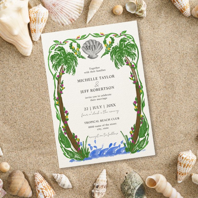 Whimsical Palm Trees Beach Ocean Invitation (hand drawn palm trees with a shell, in the form of a crest, for the beach wedding)
