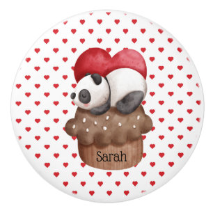Whimsical Panda Bear on A Cupcake Monogrammed Ceramic Knob