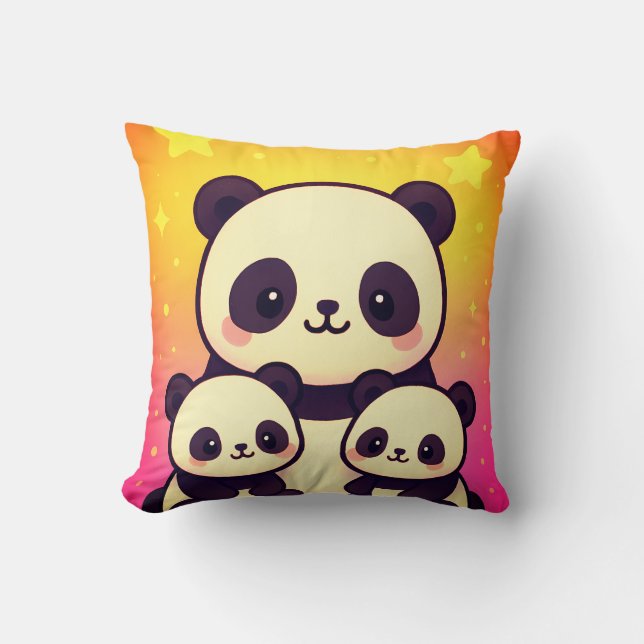 Whimsical Panda Trio in Gradient Dreamscape Cushion (Front)