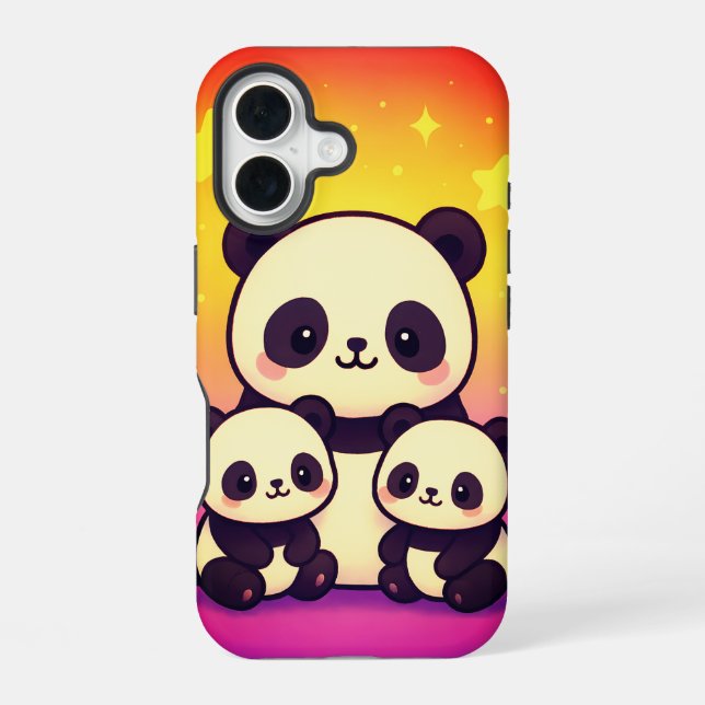 Whimsical Panda Trio in Gradient Dreamscape iPhone 16 Case (Back)