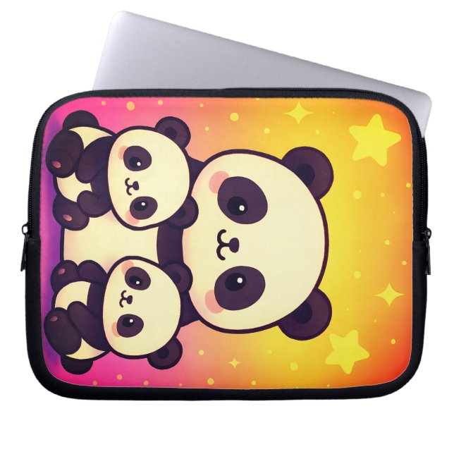 Whimsical Panda Trio in Gradient Dreamscape Laptop Sleeve (Front)