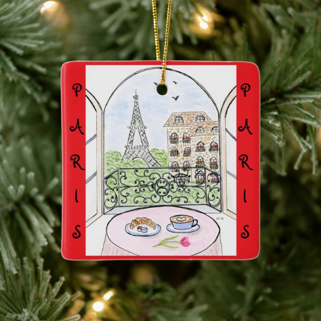 Whimsical Paris and Eiffel Tower French Ceramic Ornament (Tree)