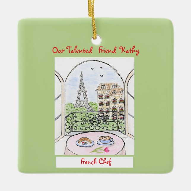 Whimsical Paris and Eiffel Tower French Chef Ceramic Ornament (Front)