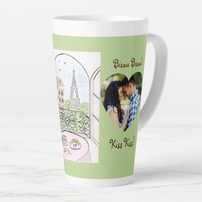 Whimsical Paris Eiffel Tower Bisou Kiss PHOTO Latte Mug (Right Angle)